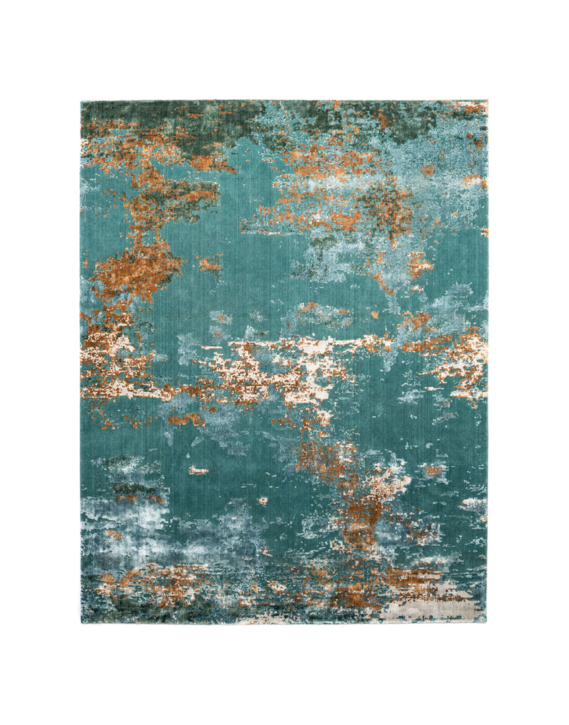 A S T O N - T E A L luxury handmade rug by Cherom, New Zealand wool, contemporary design with teal and bronze tones.
