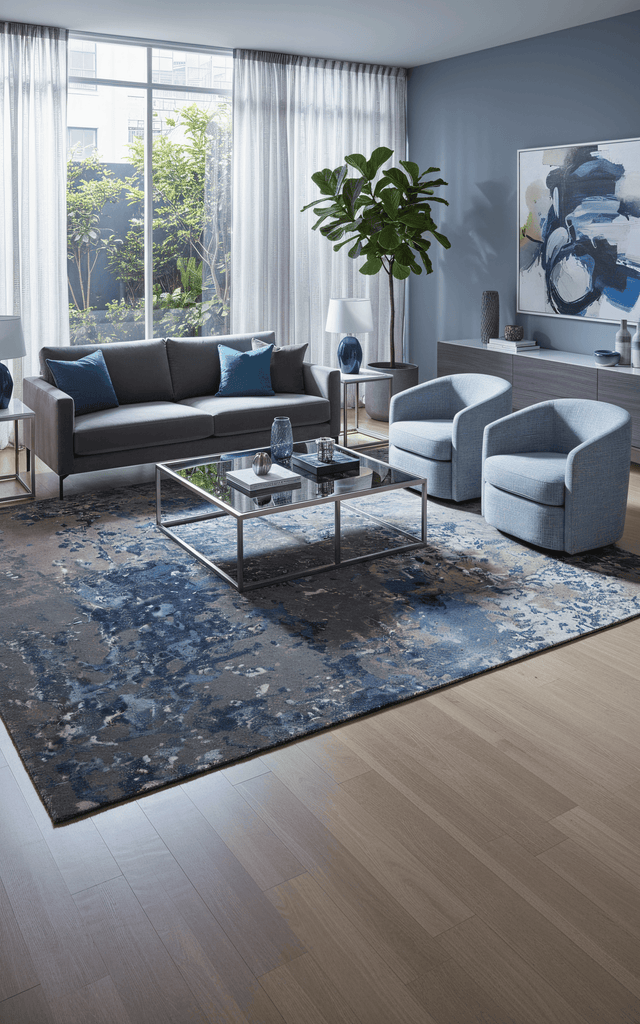 A U R A luxury handmade rug by Cherom in blue, made of New Zealand wool, enhancing modern contemporary design.