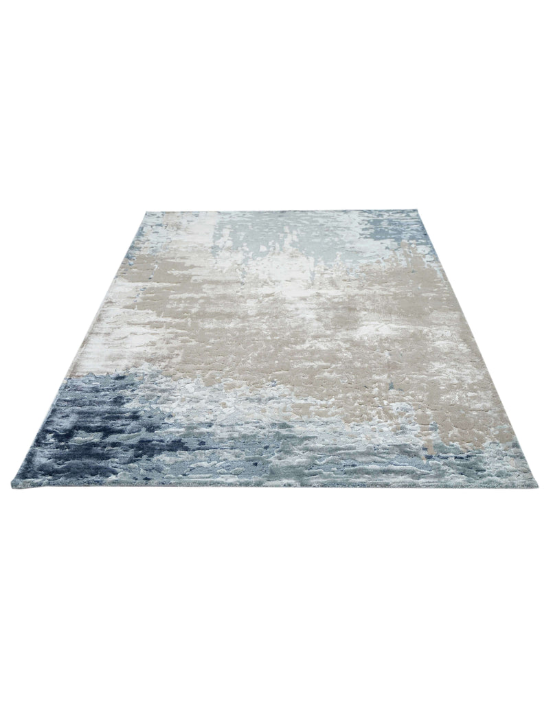 M A N Z O N I luxury handmade rug by Cherom, wool and viscose, grey and blue, modern design.