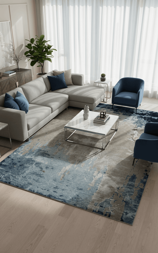 M A N Z O N I luxury handmade rug by Cherom in blue and beige New Zealand wool, modern contemporary design.