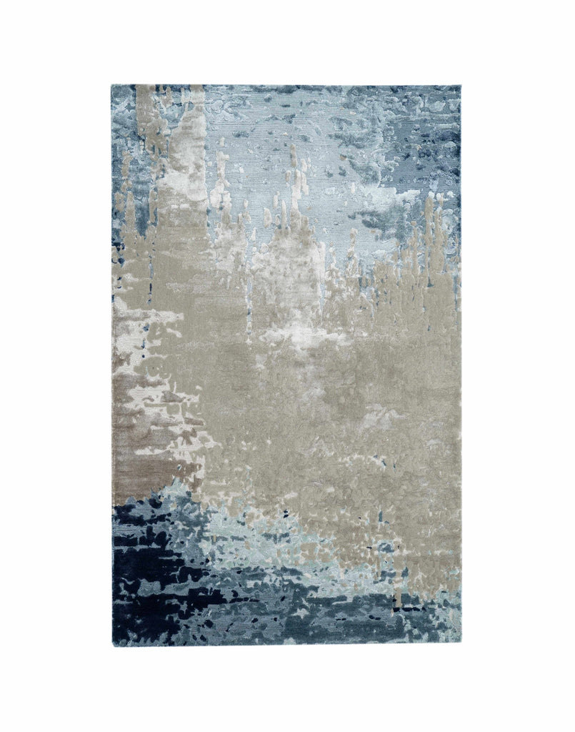 M A N Z O N I luxury handmade rug by Cherom, New Zealand wool, contemporary design in muted blue and taupe.