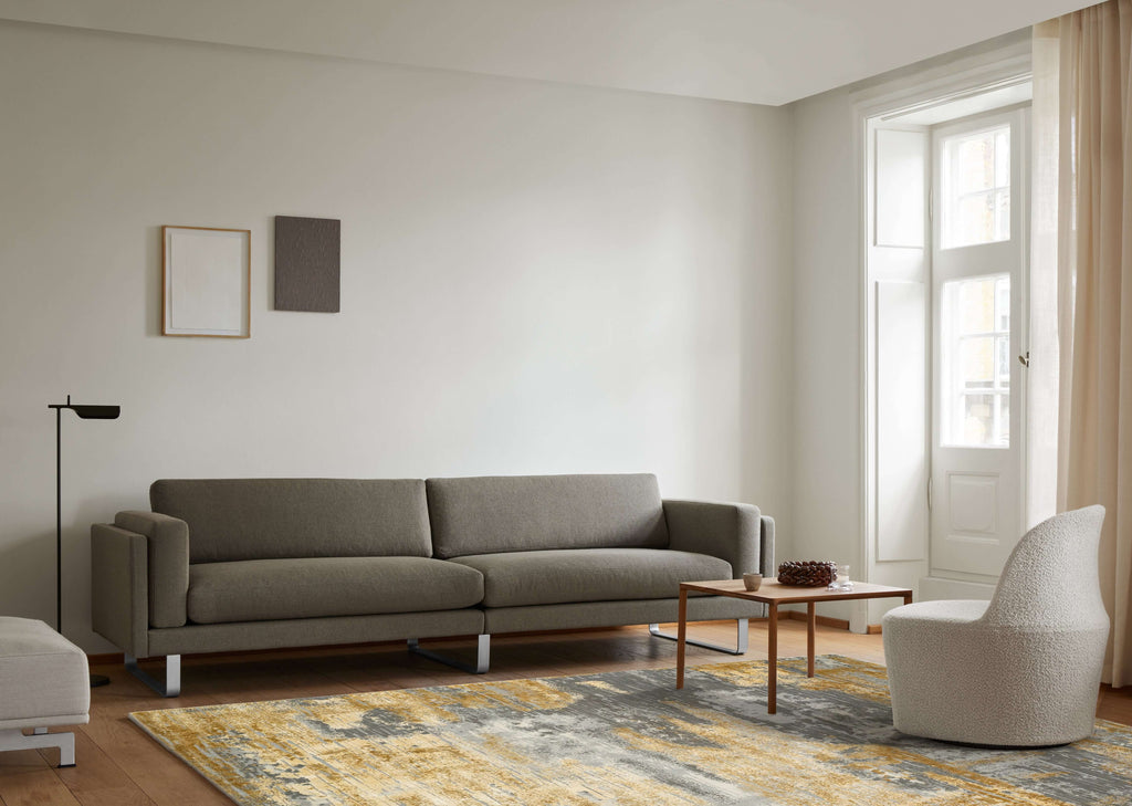 O Z A N - G O L D luxury handmade rug by Cherom in grey and yellow hues, crafted from New Zealand wool.