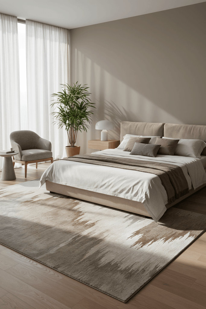 D U N E luxury modern rug by Cherom in a contemporary bedroom setting.