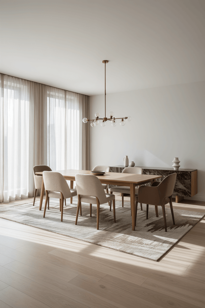 D U N E luxury modern rug by Cherom in a contemporary dining room with wooden furniture and soft lighting.