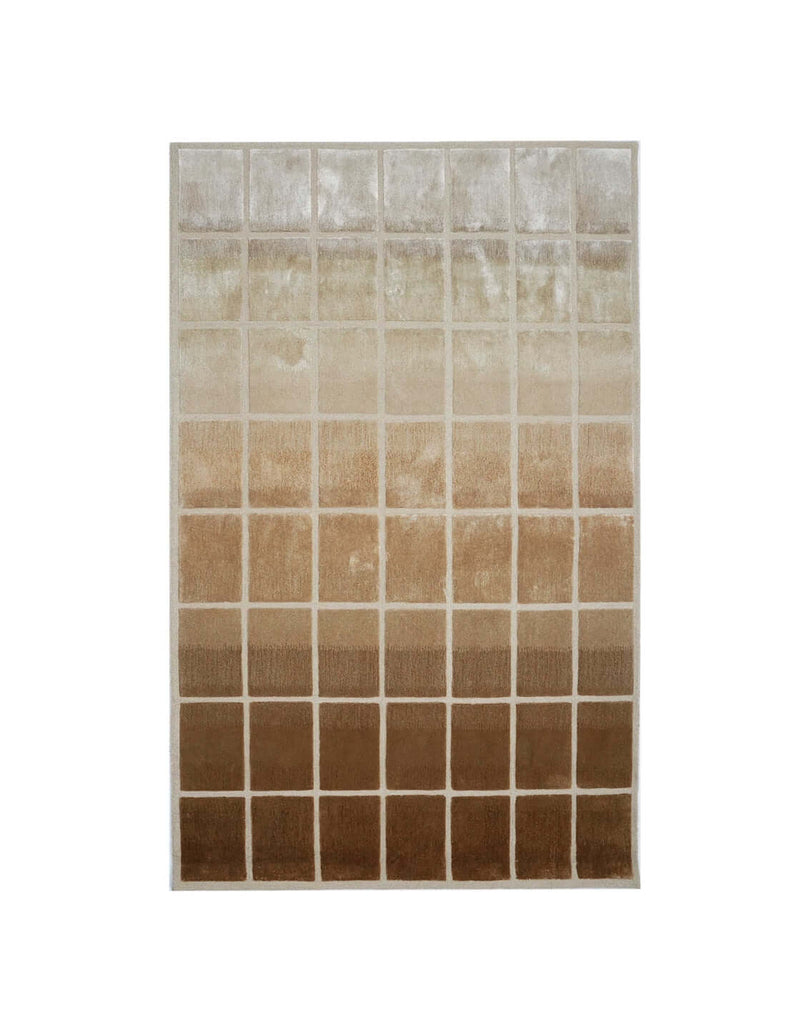 F A D E luxury modern rug by Cherom, featuring a gradient of beige to warm brown. Ideal for contemporary spaces.