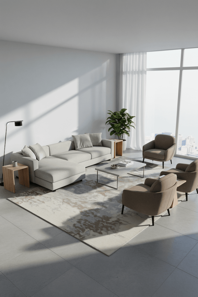 F R O S T luxury modern rug by Cherom in a stylish contemporary living room with muted colors.