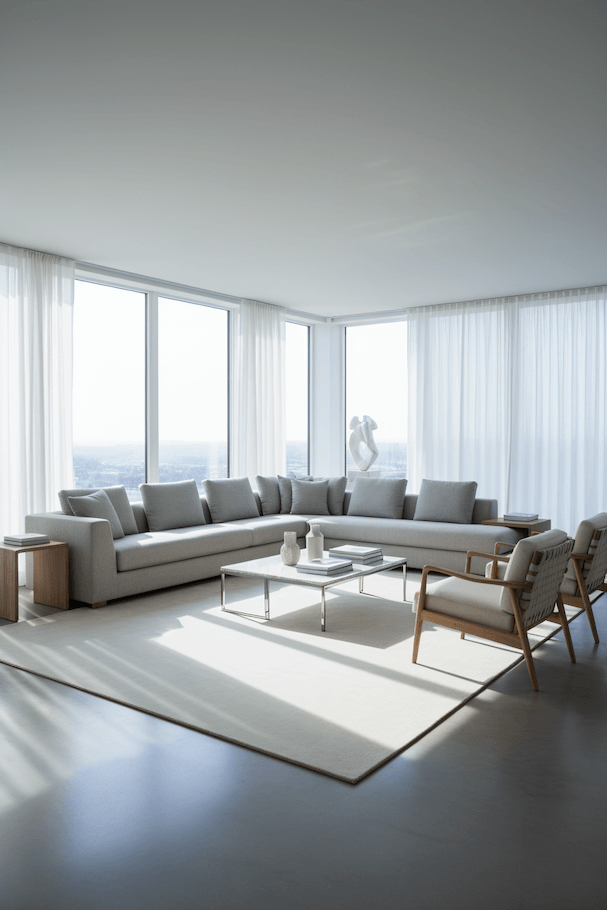 Modern living room showcasing I C O N - M I L K rug with plush sofa, stylish chairs, and large windows.