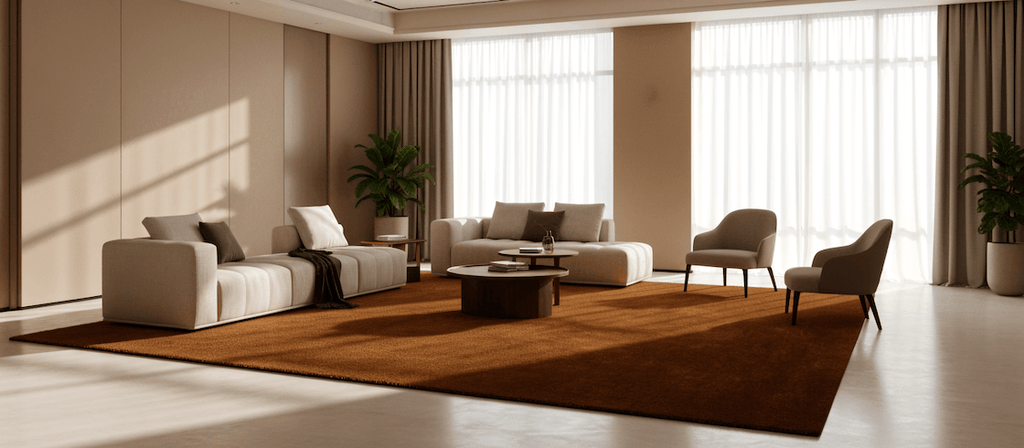 Cozy living room featuring the I C O N - A M B E R rug, showcasing its rich color and elegant design.