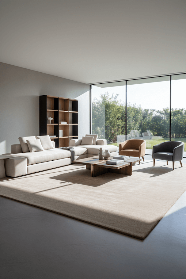 A stylish living room featuring the I C O N - L A T T E rug, showcasing elegant furniture and natural light.
