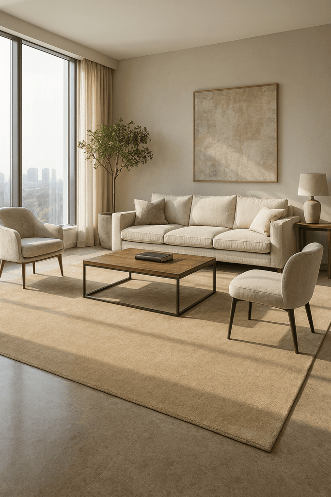 Living room featuring I C O N - L A T T E rug made from New Zealand wool, elegant furnishings, and natural light.