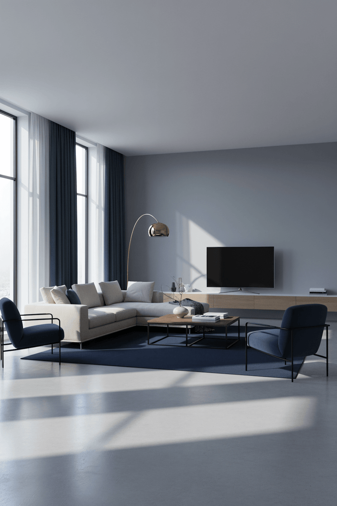 I C O N - N A V Y luxury handmade rug by Cherom in modern living room design with New Zealand wool.