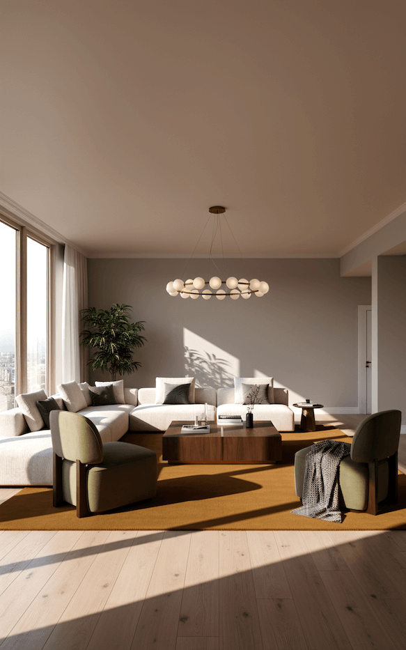 Stylish living room featuring the I C O N - O C H R E rug with modern furniture and natural light.