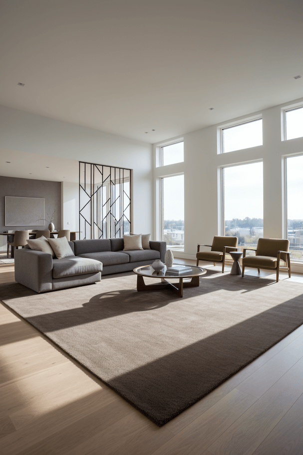 Elegant living room featuring I C O N - T R U F F L E rug, modern sofa, and stylish furniture with large windows.