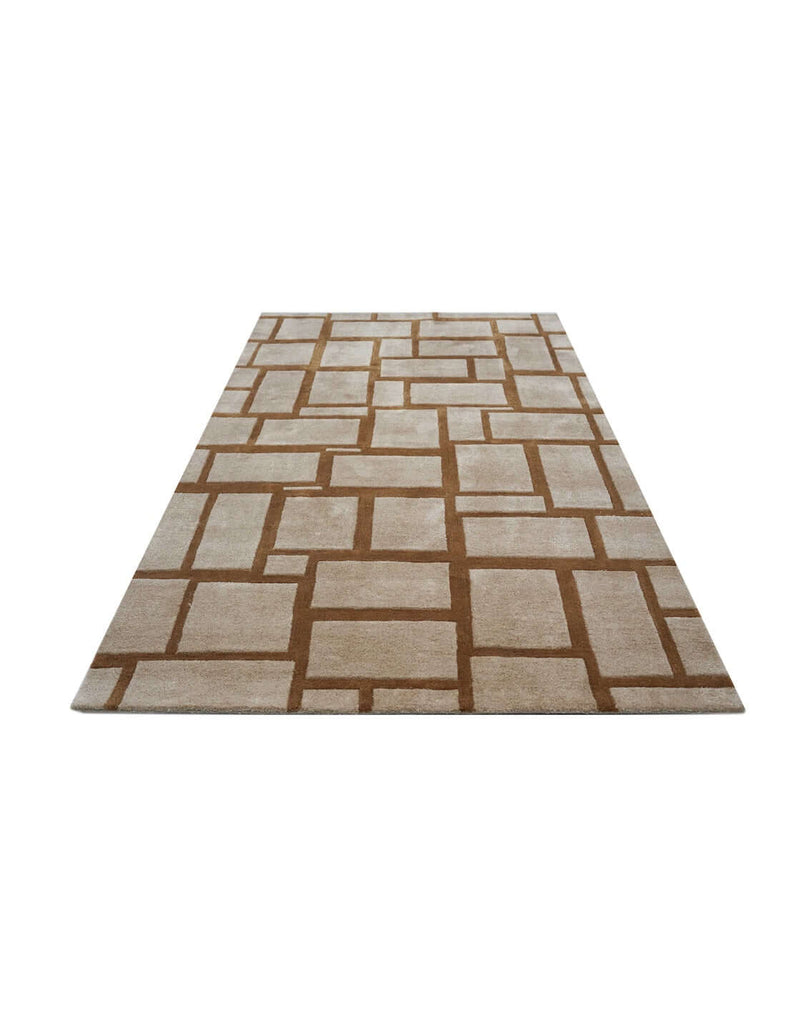 S T O N E W O R K luxury modern rug by Cherom, a contemporary rug with a structured grid pattern in rust and beige.